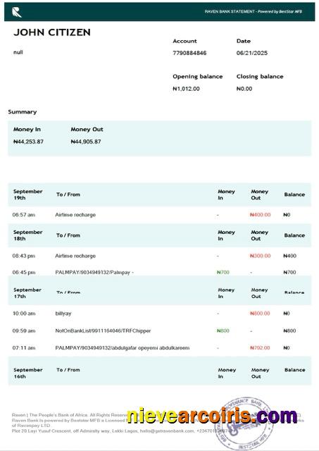 Nigeria Raven Bank statement Word and PDF